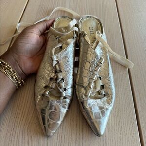 Silent d metallic Lace-Up Pointed Toe Flats - Silver